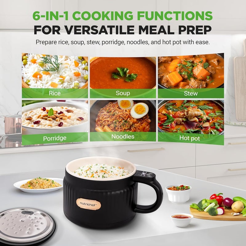 NutriChef 1.6 QT Portable Electric Rice Cooker & Lunch Maker | Multi-Functional & Non-Stick Ceramic Coating | Digital Control Panel | 6 Cook Functions: Rice, Soup, Stew, Porridge & More | Black - Image 2